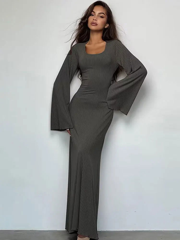 Dulzura Solid Ribbed Trumpet Sleeves Maxi Dress Back Lace-Up Straps Elegant Casual 2023 Autumn Winter For Women Birthday - Slobuy