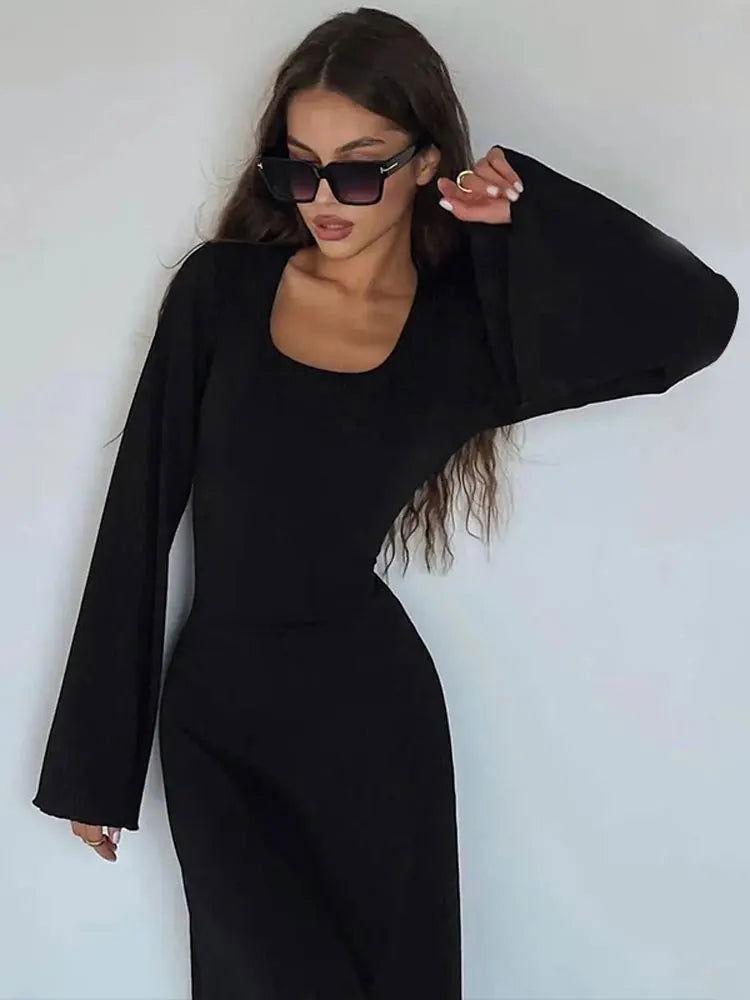 Dulzura Solid Ribbed Trumpet Sleeves Maxi Dress Back Lace-Up Straps Elegant Casual 2023 Autumn Winter For Women Birthday - Slobuy