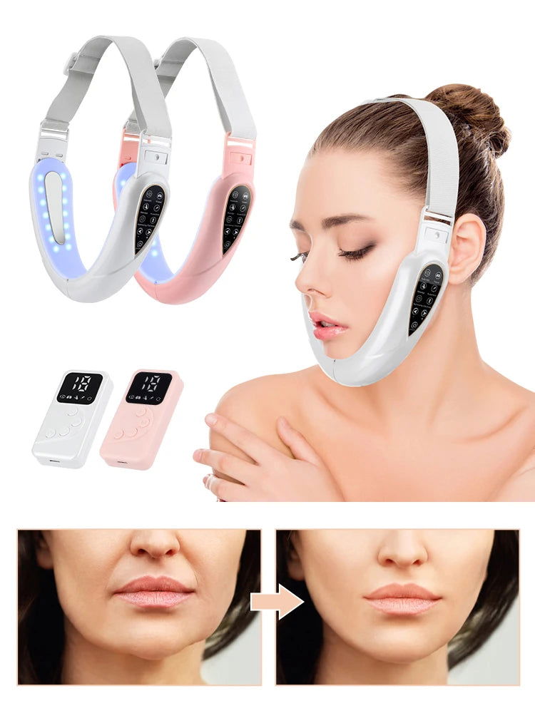 EMS Double Chin V Shape Lift Belt Facial Lifting Massager Face Slimming Vibration Face Lift Device with Remote Control Skin Care - Slobuy