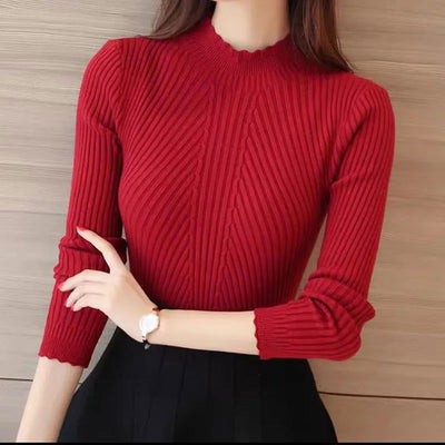 EVNISI Autumn Women Mock Neck Ruffles Sweater Long Sleeve Knitted Bottoming Solid Pullovers Stripe Women Casual Sweater Winter - Slobuy