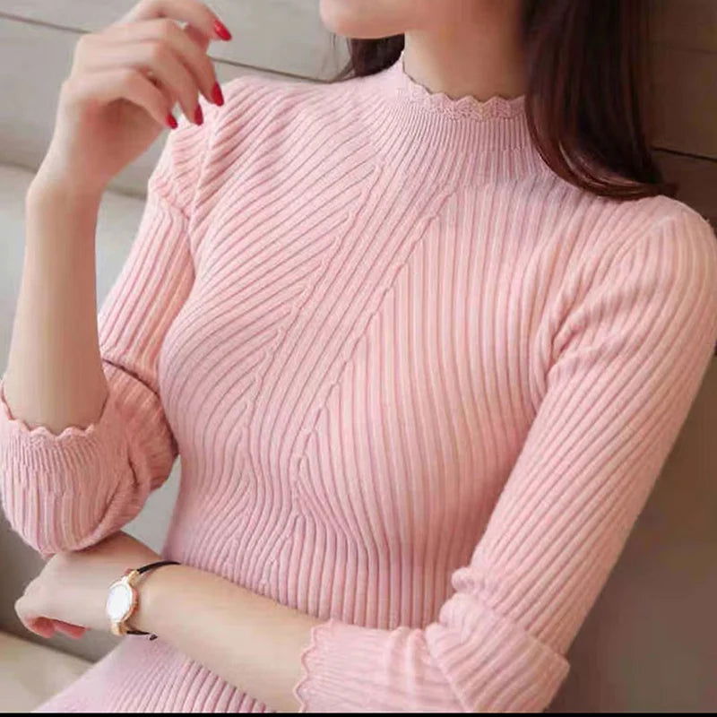 EVNISI Autumn Women Mock Neck Ruffles Sweater Long Sleeve Knitted Bottoming Solid Pullovers Stripe Women Casual Sweater Winter - Slobuy