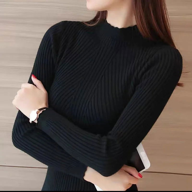 EVNISI Autumn Women Mock Neck Ruffles Sweater Long Sleeve Knitted Bottoming Solid Pullovers Stripe Women Casual Sweater Winter - Slobuy