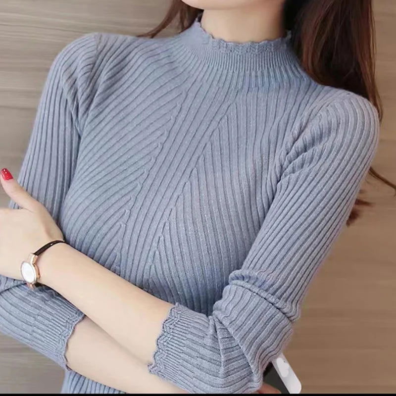 EVNISI Autumn Women Mock Neck Ruffles Sweater Long Sleeve Knitted Bottoming Solid Pullovers Stripe Women Casual Sweater Winter - Slobuy