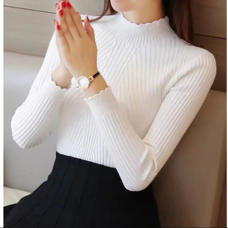 EVNISI Autumn Women Mock Neck Ruffles Sweater Long Sleeve Knitted Bottoming Solid Pullovers Stripe Women Casual Sweater Winter - Slobuy