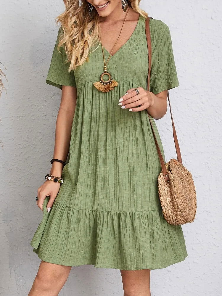 Elegant Solid V Neck A Line Dress 2024 New Summer Ruffles Loose Mini Dress Casual Short Sleeve Beach Party Vestidos Streetwear - Slobuy