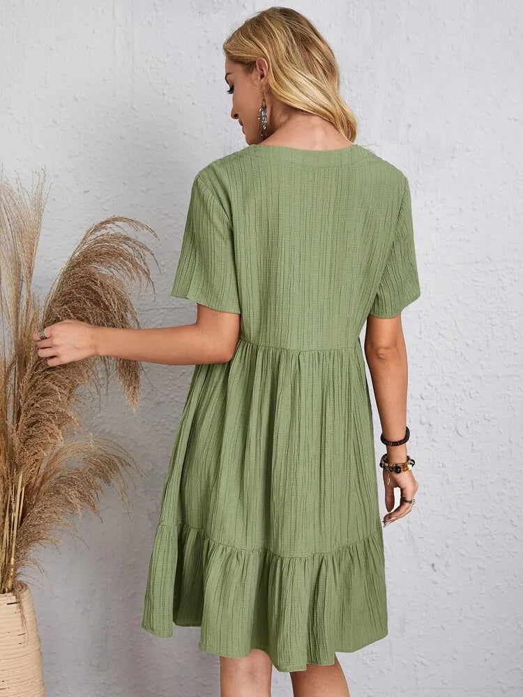 Elegant Solid V Neck A Line Dress 2024 New Summer Ruffles Loose Mini Dress Casual Short Sleeve Beach Party Vestidos Streetwear - Slobuy