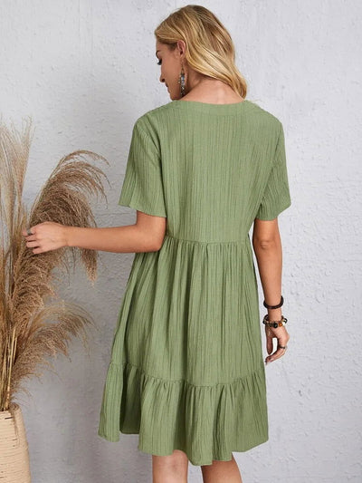 Elegant Solid V Neck A Line Dress 2024 New Summer Ruffles Loose Mini Dress Casual Short Sleeve Beach Party Vestidos Streetwear - Slobuy