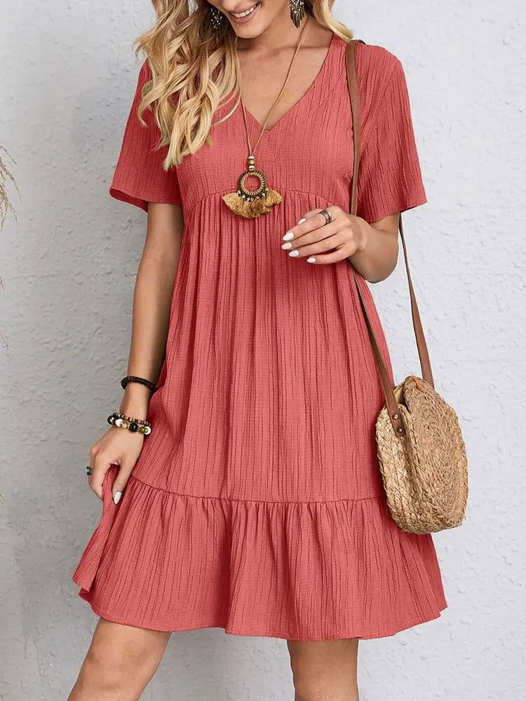 Elegant Solid V Neck A Line Dress 2024 New Summer Ruffles Loose Mini Dress Casual Short Sleeve Beach Party Vestidos Streetwear - Slobuy