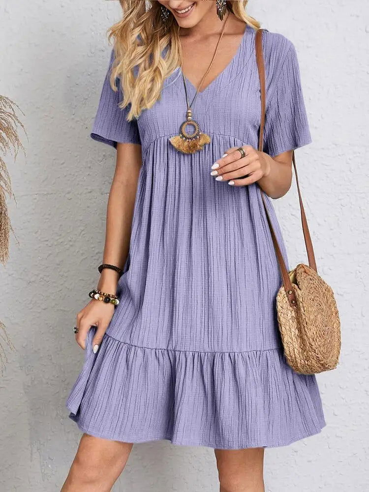 Elegant Solid V Neck A Line Dress 2024 New Summer Ruffles Loose Mini Dress Casual Short Sleeve Beach Party Vestidos Streetwear - Slobuy