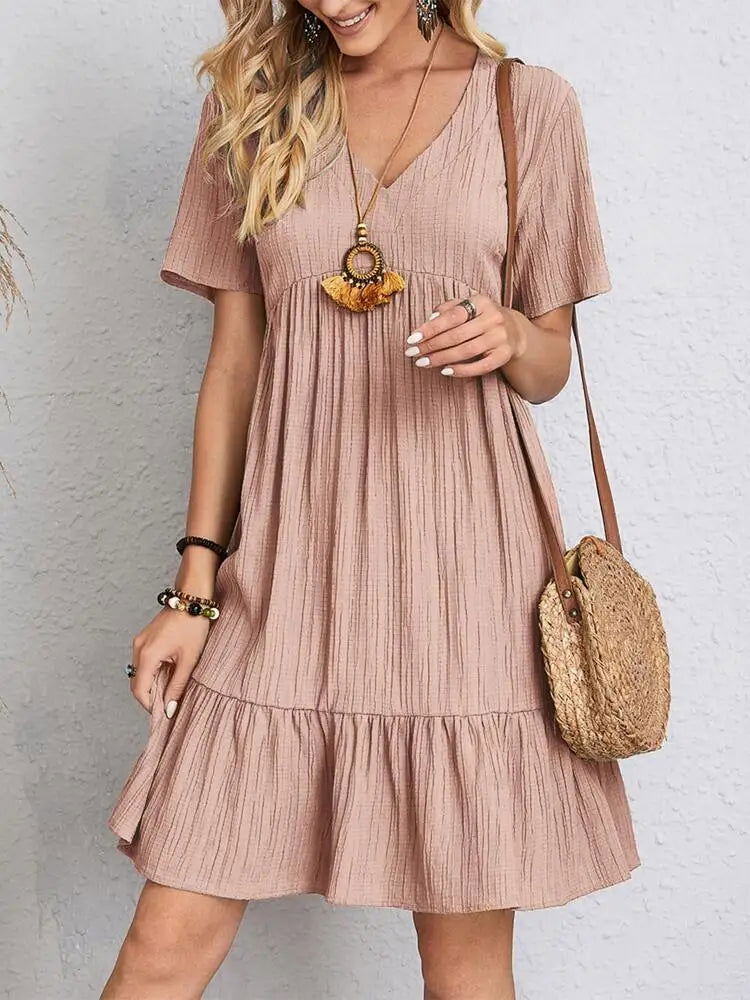 Elegant Solid V Neck A Line Dress 2024 New Summer Ruffles Loose Mini Dress Casual Short Sleeve Beach Party Vestidos Streetwear - Slobuy