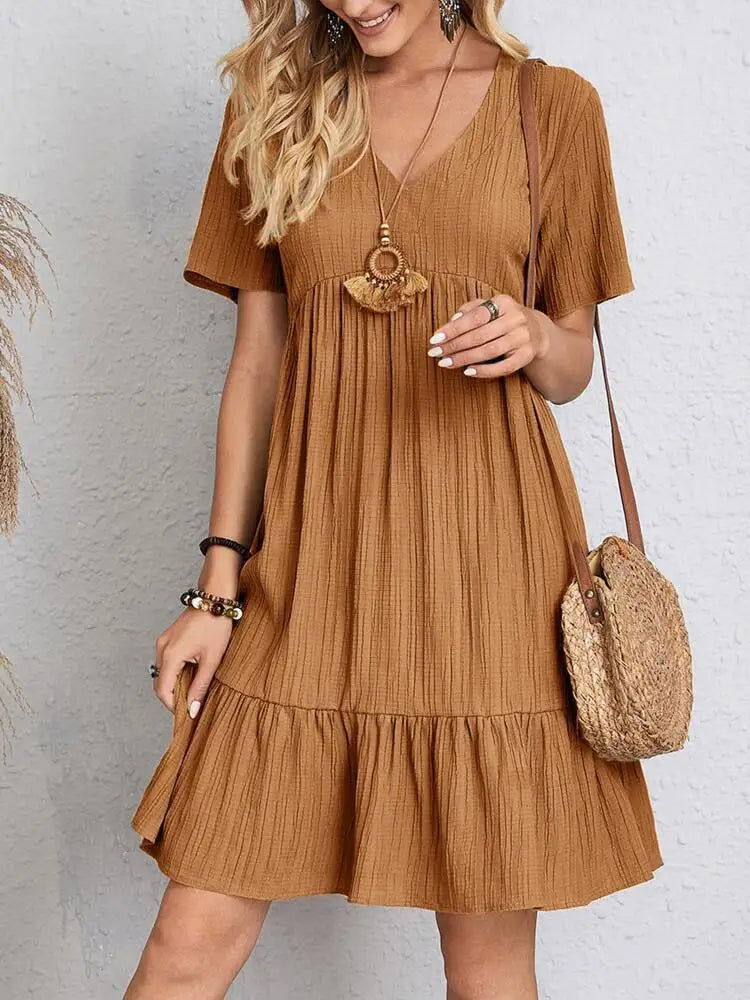 Elegant Solid V Neck A Line Dress 2024 New Summer Ruffles Loose Mini Dress Casual Short Sleeve Beach Party Vestidos Streetwear - Slobuy