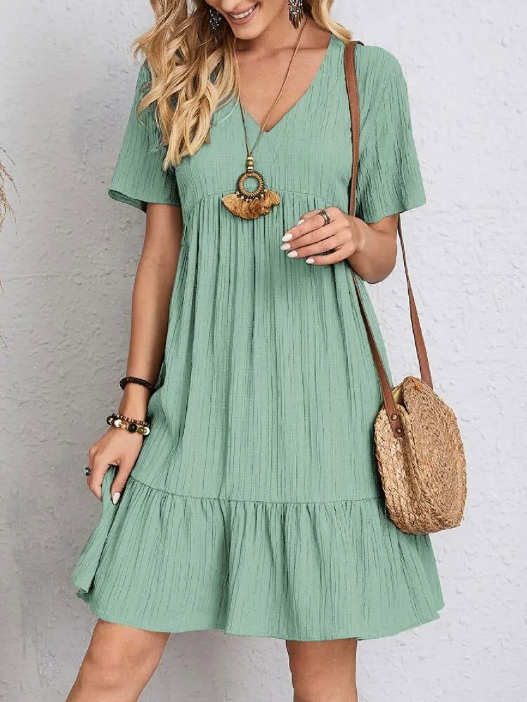 Elegant Solid V Neck A Line Dress 2024 New Summer Ruffles Loose Mini Dress Casual Short Sleeve Beach Party Vestidos Streetwear - Slobuy