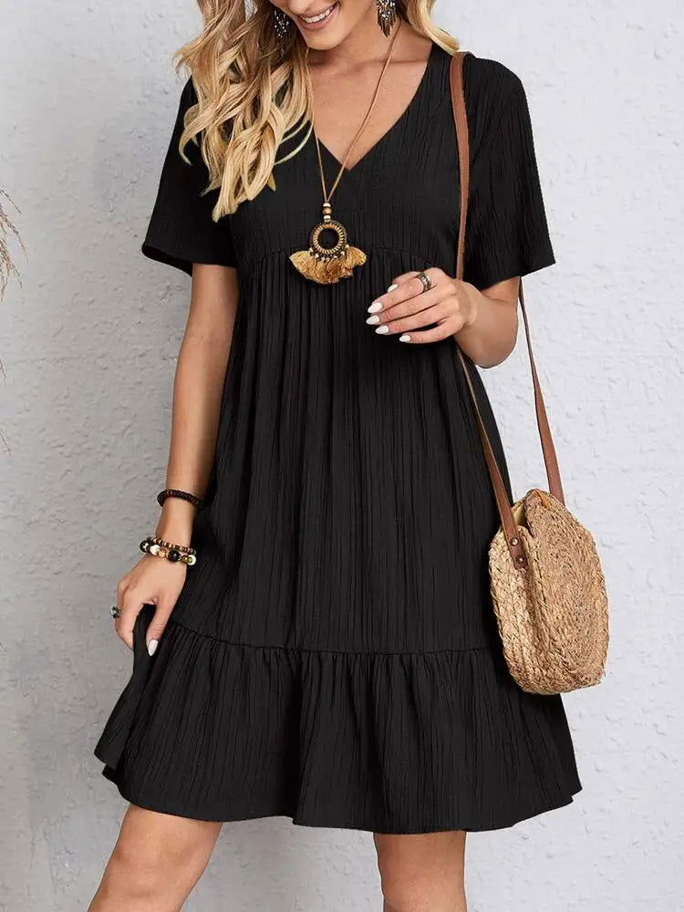 Elegant Solid V Neck A Line Dress 2024 New Summer Ruffles Loose Mini Dress Casual Short Sleeve Beach Party Vestidos Streetwear - Slobuy