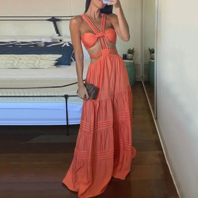 Ellafads Women Long Dresses Summer Fashion Sexy Strap Sleeveless Backless Hollow Out Pleated Solid Beach Party Dress Streetwear - Slobuy