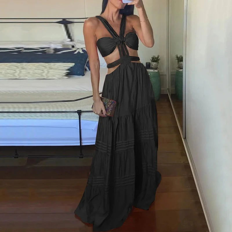 Ellafads Women Long Dresses Summer Fashion Sexy Strap Sleeveless Backless Hollow Out Pleated Solid Beach Party Dress Streetwear - Slobuy