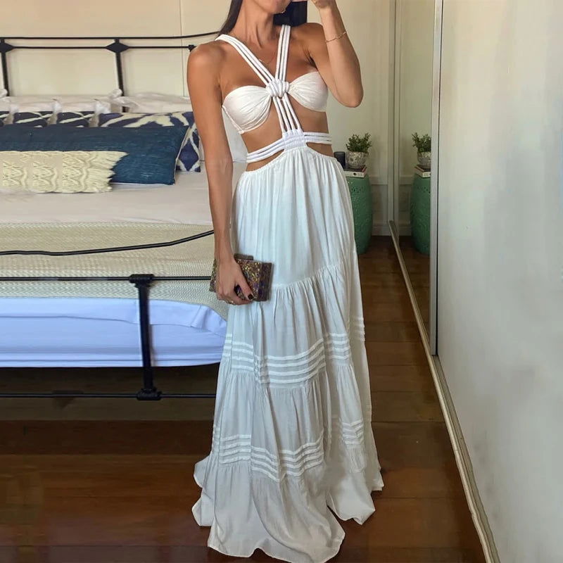 Ellafads Women Long Dresses Summer Fashion Sexy Strap Sleeveless Backless Hollow Out Pleated Solid Beach Party Dress Streetwear - Slobuy