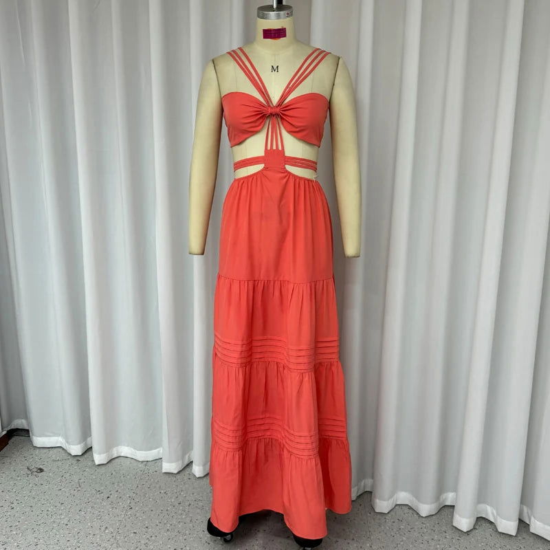 Ellafads Women Long Dresses Summer Fashion Sexy Strap Sleeveless Backless Hollow Out Pleated Solid Beach Party Dress Streetwear - Slobuy