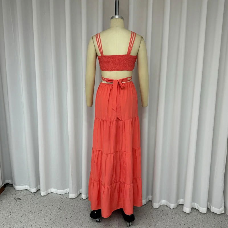 Ellafads Women Long Dresses Summer Fashion Sexy Strap Sleeveless Backless Hollow Out Pleated Solid Beach Party Dress Streetwear - Slobuy