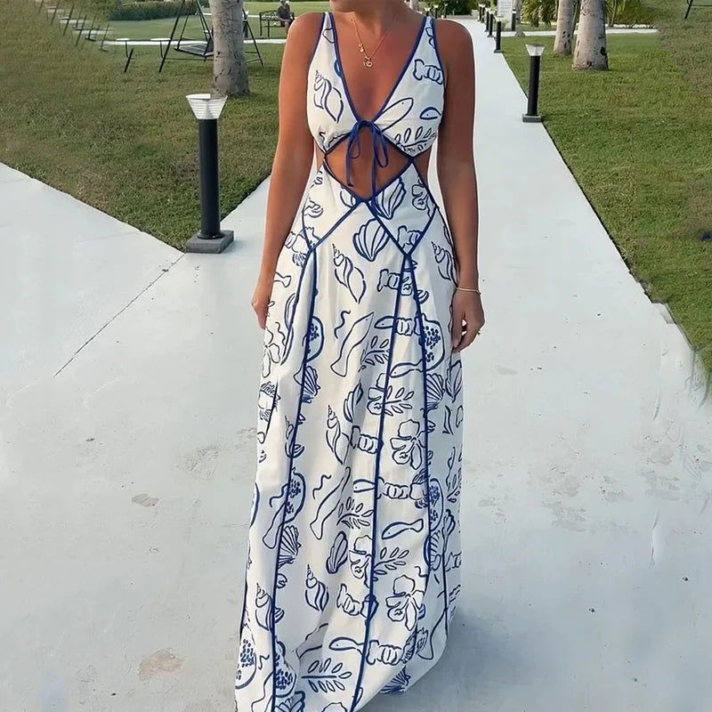 Ellafads Women Maxi Dresses Summer Sexy Vintage Printed V Neck Cutout Suspender Tie Up Slim Backless Lace Up Beach Party Dress - Slobuy