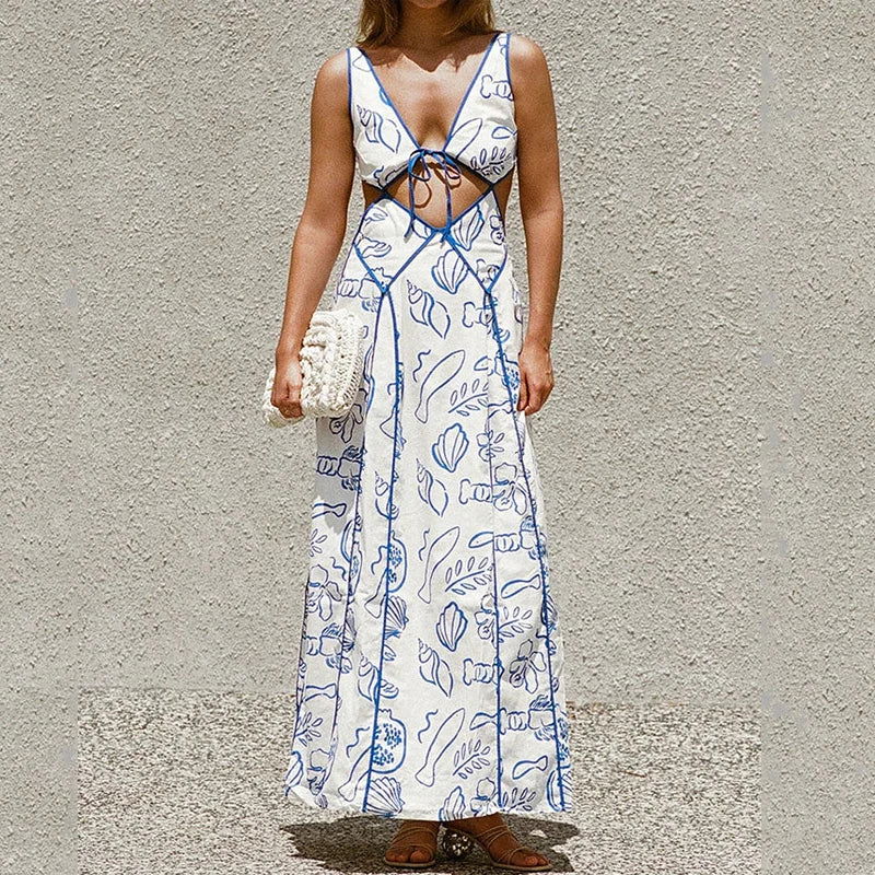 Ellafads Women Maxi Dresses Summer Sexy Vintage Printed V Neck Cutout Suspender Tie Up Slim Backless Lace Up Beach Party Dress - Slobuy