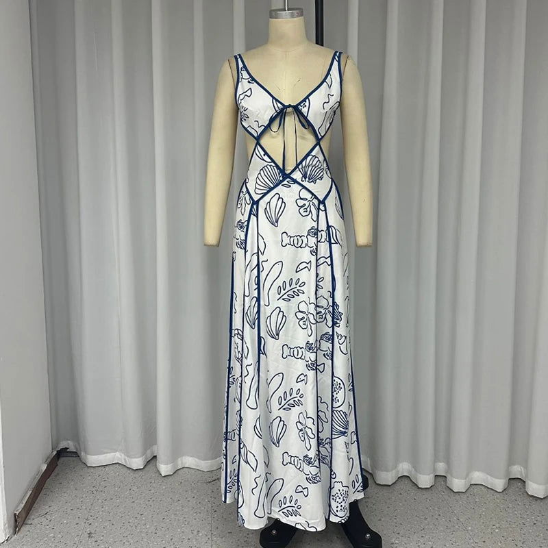 Ellafads Women Maxi Dresses Summer Sexy Vintage Printed V Neck Cutout Suspender Tie Up Slim Backless Lace Up Beach Party Dress - Slobuy