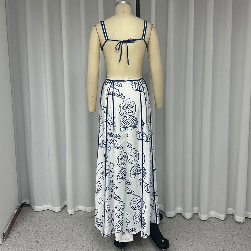 Ellafads Women Maxi Dresses Summer Sexy Vintage Printed V Neck Cutout Suspender Tie Up Slim Backless Lace Up Beach Party Dress - Slobuy