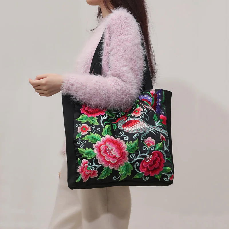 Ethnic Phoenix Embroidered Women's Shoulder Bag Receptor Embroidered Canvas Casual Bag - Slobuy