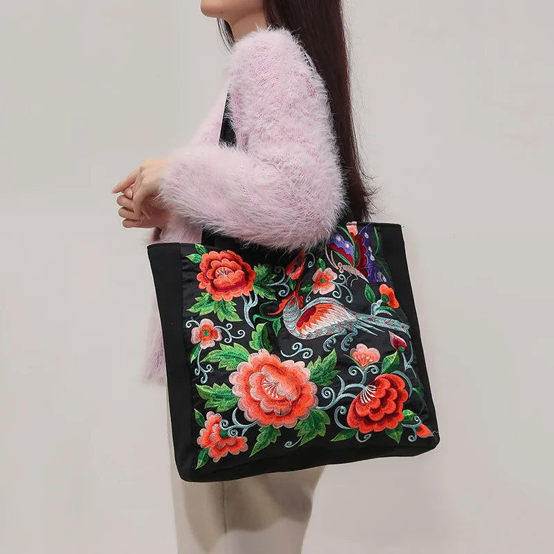 Ethnic Phoenix Embroidered Women's Shoulder Bag Receptor Embroidered Canvas Casual Bag - Slobuy