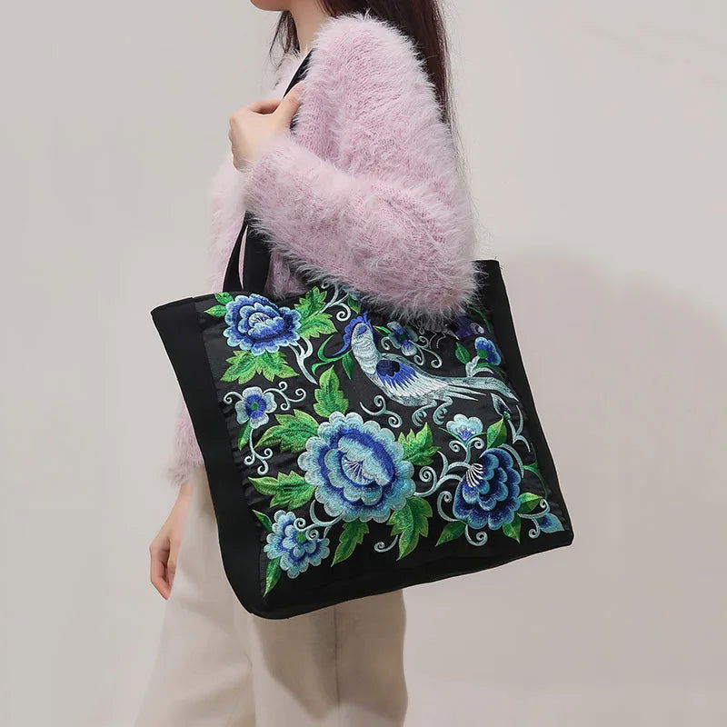 Ethnic Phoenix Embroidered Women's Shoulder Bag Receptor Embroidered Canvas Casual Bag - Slobuy