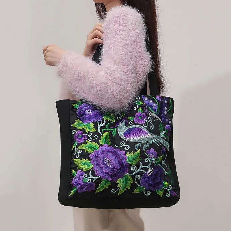 Ethnic Phoenix Embroidered Women's Shoulder Bag Receptor Embroidered Canvas Casual Bag - Slobuy