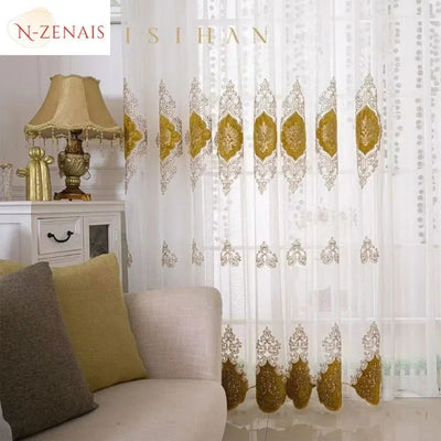European Embroidered Tulle Blue Curtains for Living Room Bedroom Luxury Sheer Window Screen Velvet  Coffee Drape Voile Door - Slobuy