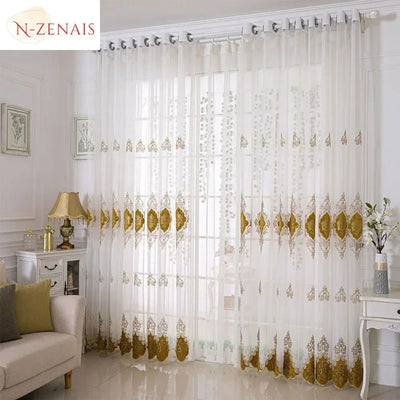 European Embroidered Tulle Blue Curtains for Living Room Bedroom Luxury Sheer Window Screen Velvet  Coffee Drape Voile Door - Slobuy