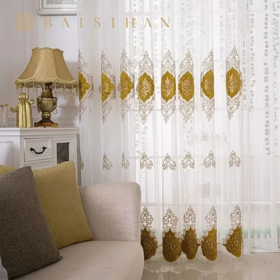 European Embroidered Tulle Blue Curtains for Living Room Bedroom Luxury Sheer Window Screen Velvet  Coffee Drape Voile Door - Slobuy