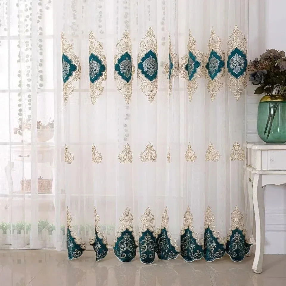 European Embroidered Tulle Blue Curtains for Living Room Bedroom Luxury Sheer Window Screen Velvet  Coffee Drape Voile Door - Slobuy