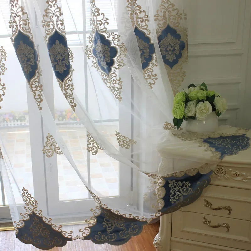 European Embroidered Tulle Blue Curtains for Living Room Bedroom Luxury Sheer Window Screen Velvet  Coffee Drape Voile Door - Slobuy