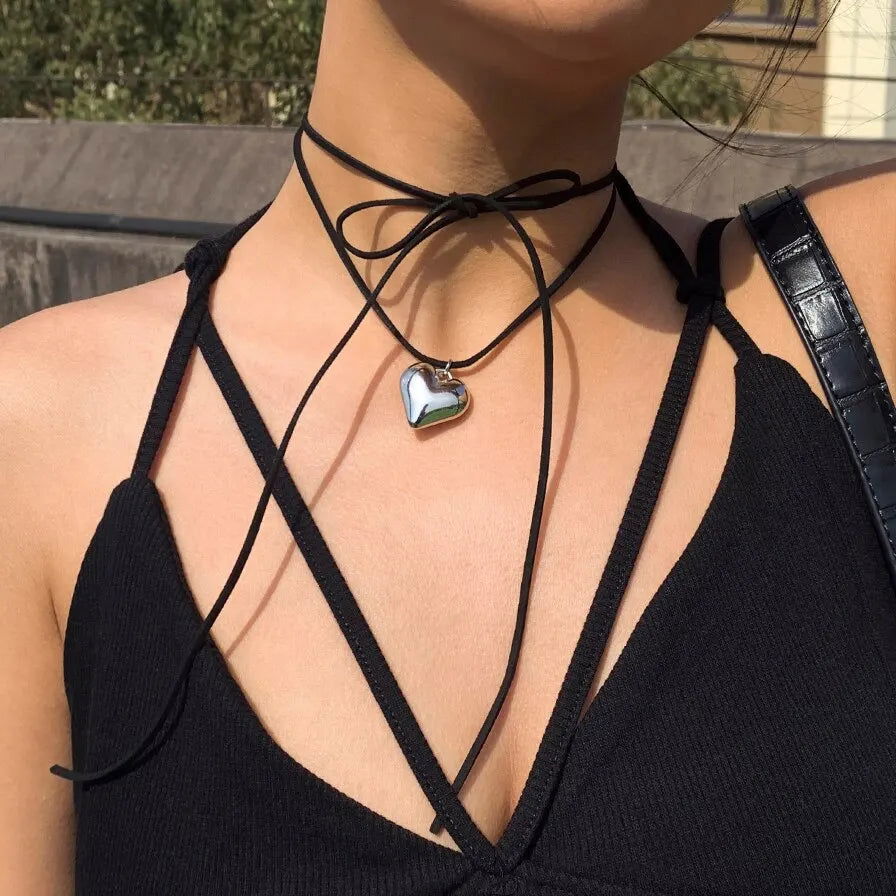 Exaggerated Black Velvet Big Heart Pendant Choker Necklace Women Knotted Bowknot Adjustable Rope Chain Jewelry Wed Accessories - Slobuy