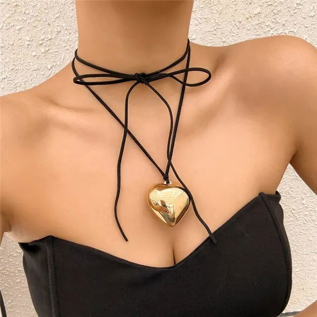 Exaggerated Black Velvet Big Heart Pendant Choker Necklace Women Knotted Bowknot Adjustable Rope Chain Jewelry Wed Accessories - Slobuy