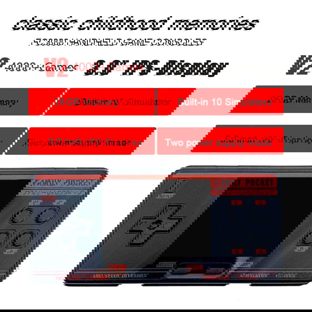 FC3000 V2 Classic Handheld Gaming Console 3.0 Inch IPS Screen Built in 4000+ Games 10 Simulator Children Video Game Console - Slobuy