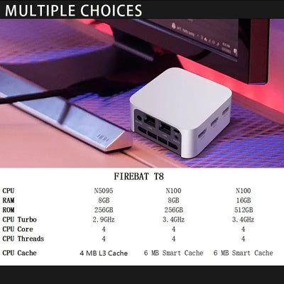 FIREBAT T8 Pro Plus Mini PC Intel Celeron N5095 N100 Desktop Gaming Computer 8GB 16GB 256GB 512GB DDR4 DDR5 WIFI5 BT4.2 - Slobuy