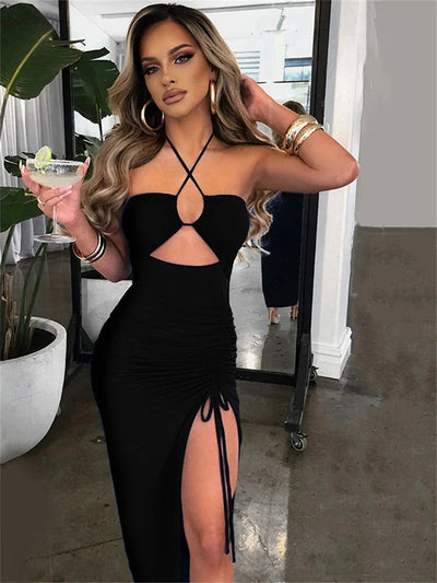 Fantoye Hollow Out Drawstring Dress Women Sleeveless Backless High Split Elegant Ruched Dress Vestidos Partywear - Slobuy
