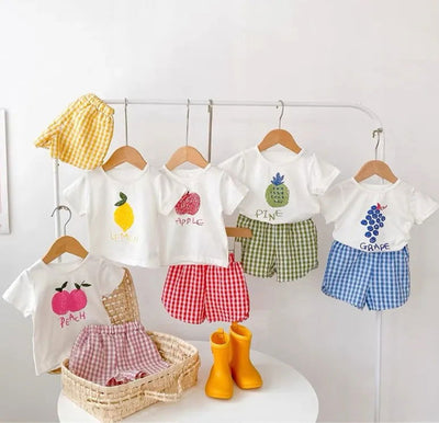 Fashion 2pcs Baby Girl's Short Sleeve Suit Fruit Print Sets Kids T-shirts +shorts Plaid Clothing Toddler Princess Girl Outfits - Slobuy