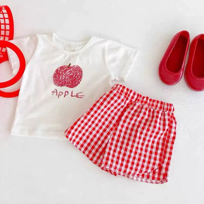 Fashion 2pcs Baby Girl's Short Sleeve Suit Fruit Print Sets Kids T-shirts +shorts Plaid Clothing Toddler Princess Girl Outfits - Slobuy