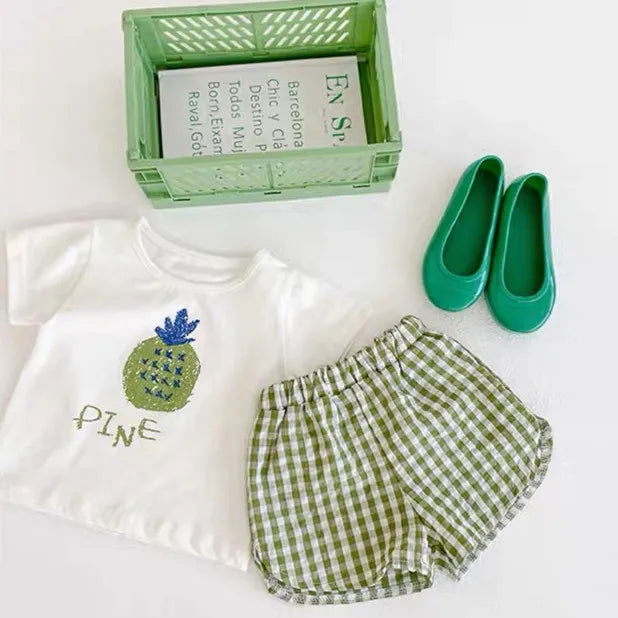 Fashion 2pcs Baby Girl's Short Sleeve Suit Fruit Print Sets Kids T-shirts +shorts Plaid Clothing Toddler Princess Girl Outfits - Slobuy