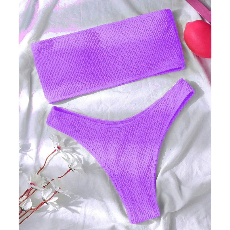 Fashion Bikini Textured Swimwear Women 2024 High Cut Swimsuit Women Bathing Suits Solid Brazilian Bikinis Set - Slobuy