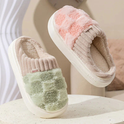 Fashion Couple Winter Toe Wrap Warm Plaid Cotton Slippers Thick Soft Sole Slides Men Women Indoor Floor Flat Home Non-slip Shoes - Slobuy