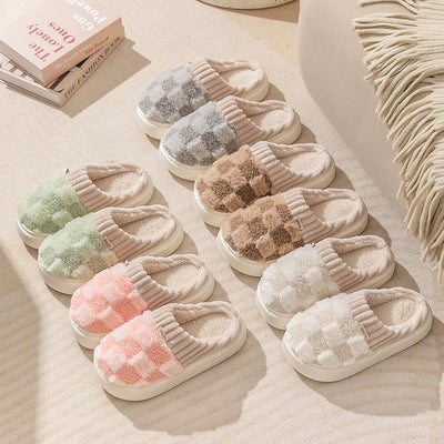 Fashion Couple Winter Toe Wrap Warm Plaid Cotton Slippers Thick Soft Sole Slides Men Women Indoor Floor Flat Home Non-slip Shoes - Slobuy
