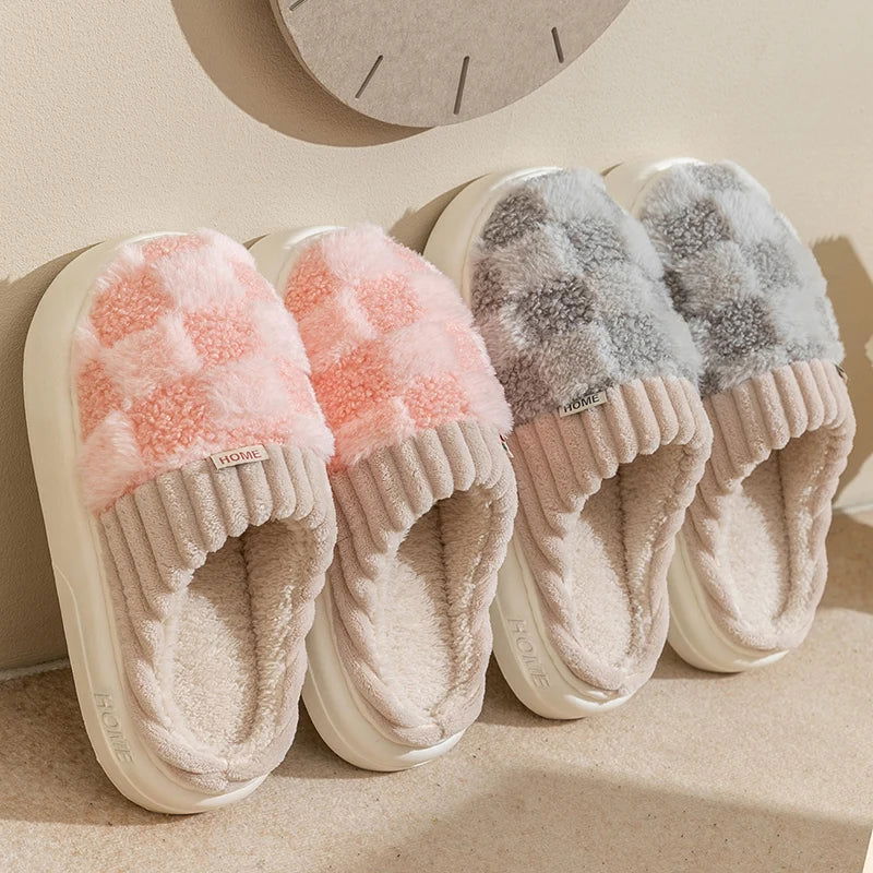 Fashion Couple Winter Toe Wrap Warm Plaid Cotton Slippers Thick Soft Sole Slides Men Women Indoor Floor Flat Home Non-slip Shoes - Slobuy