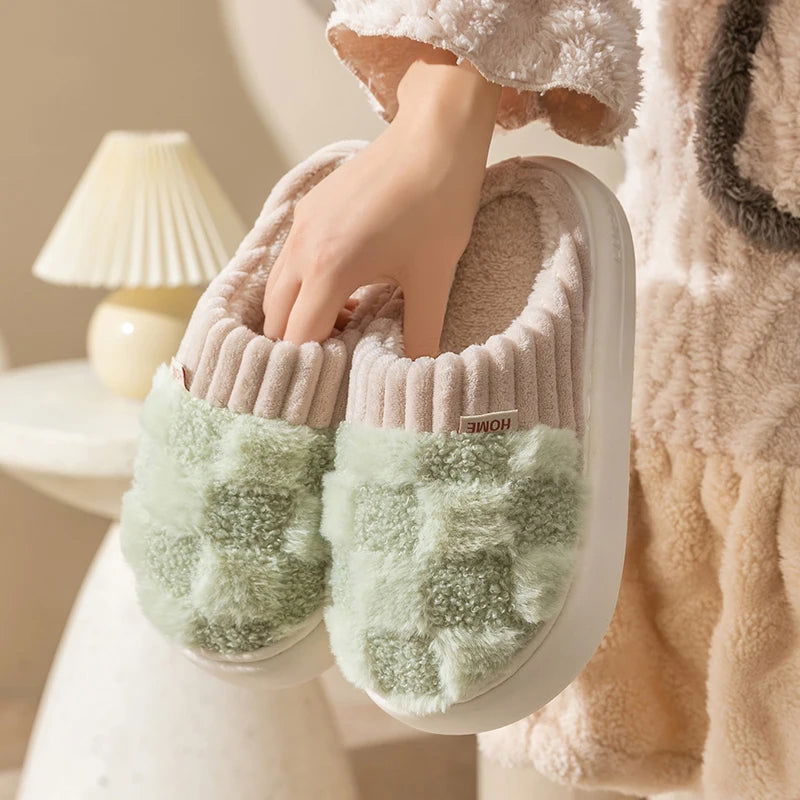 Fashion Couple Winter Toe Wrap Warm Plaid Cotton Slippers Thick Soft Sole Slides Men Women Indoor Floor Flat Home Non-slip Shoes - Slobuy