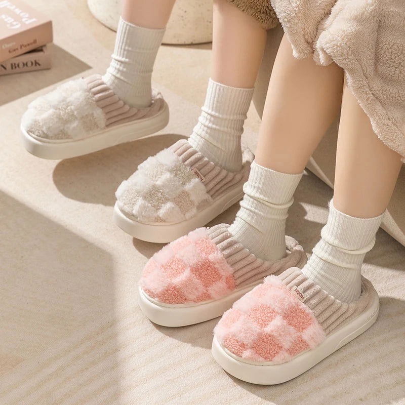 Fashion Couple Winter Toe Wrap Warm Plaid Cotton Slippers Thick Soft Sole Slides Men Women Indoor Floor Flat Home Non-slip Shoes - Slobuy