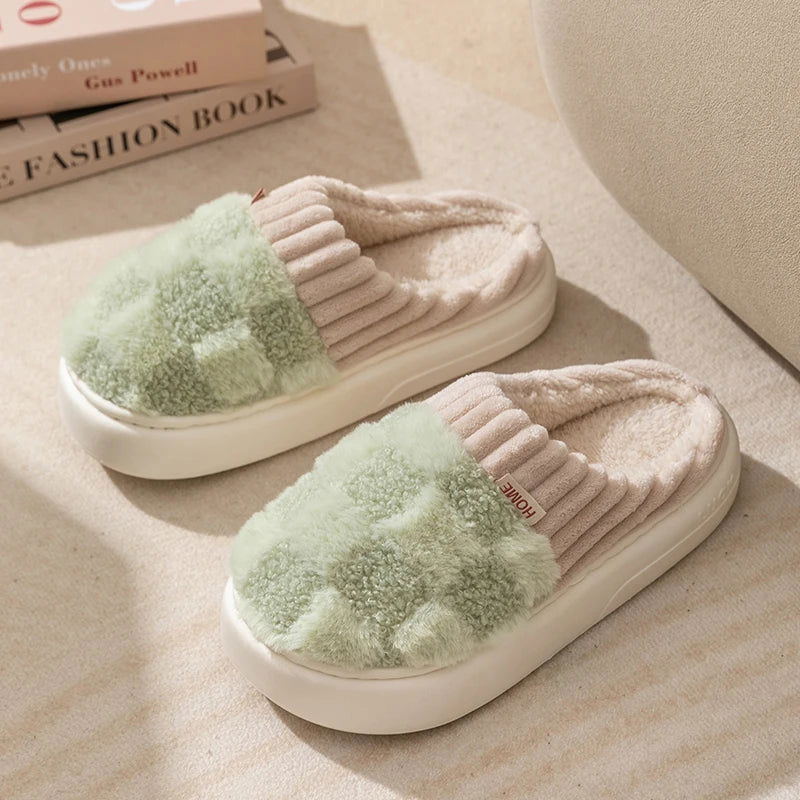 Fashion Couple Winter Toe Wrap Warm Plaid Cotton Slippers Thick Soft Sole Slides Men Women Indoor Floor Flat Home Non-slip Shoes - Slobuy